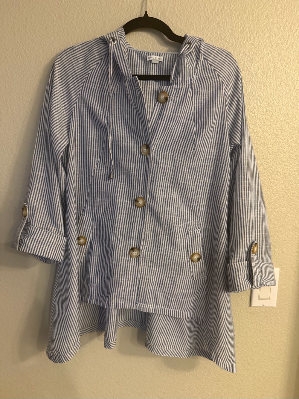 Sigrid Olsen Blue and White Striped Hooded Seersucker Jacket Size M Cotton-Linen